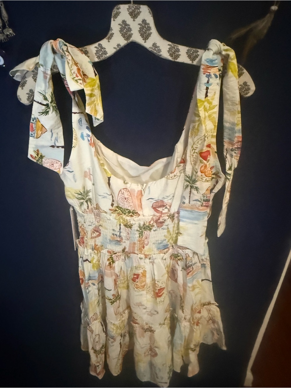 Aqua Floral Print Tie-Shoulder Sundress in Cream and Yellow - Picture 2 of 8